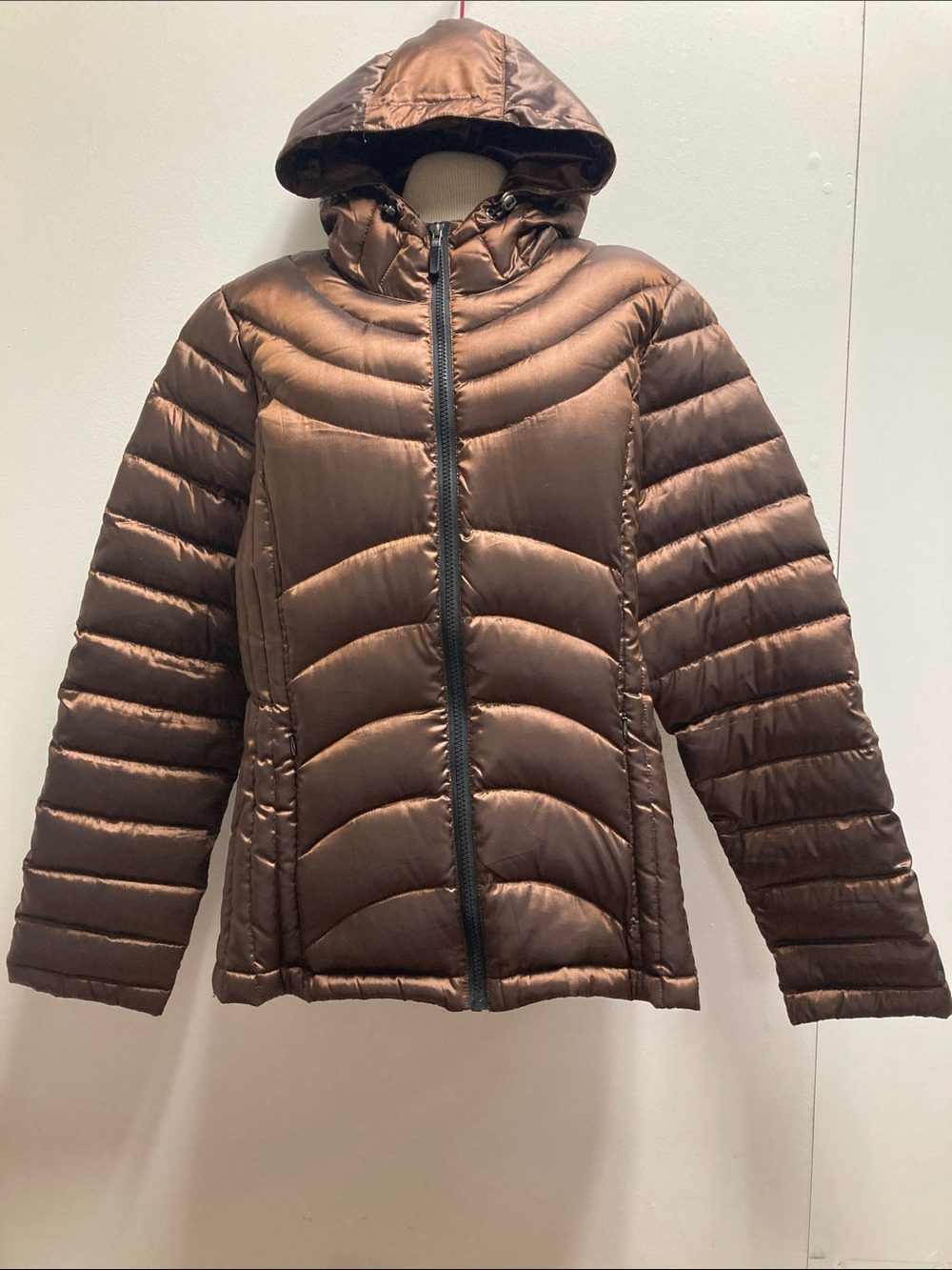 Andrew Marc Shimmery Chocolate Hooded Puffer Jacket
